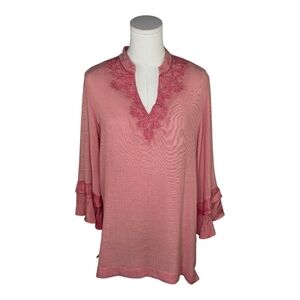 Soft Surroundings Pink Embroidered Tunic Blouse Small Ruffle Sleeve Boho